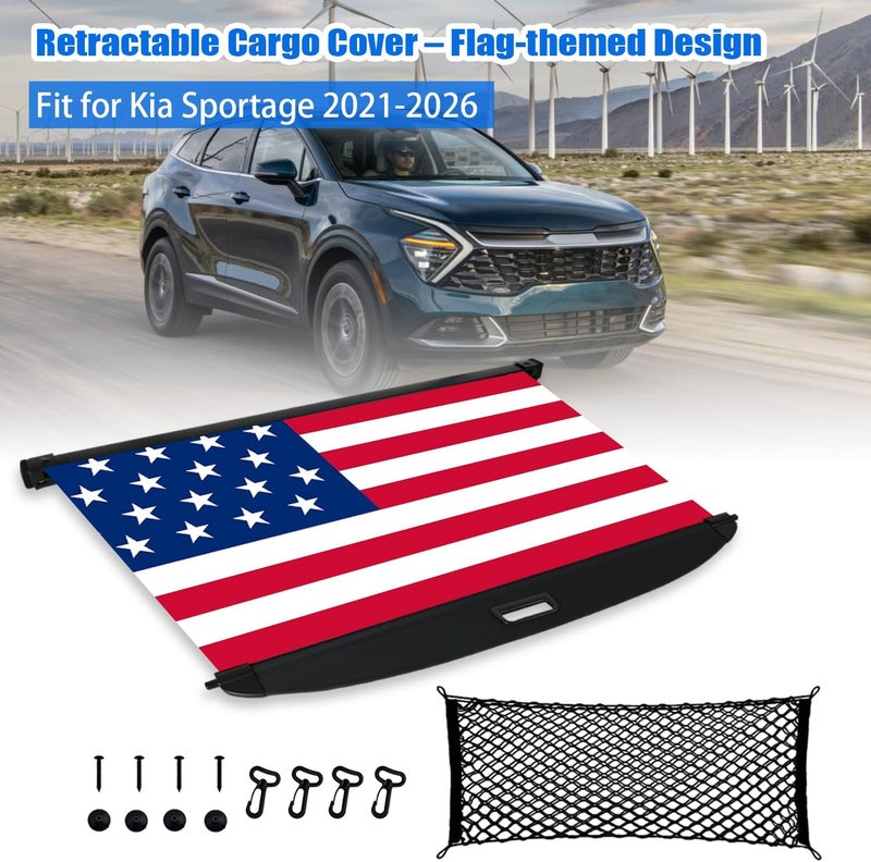 Tesmirror Cargo Cover for Kia Sportage 2026 - Rear Cargo Cover Privacy Retractable Rear Storage Cargo Cover Security Shield Shade for 2021-2026 Kia Sportage Accessories, Flag Print - Image 2